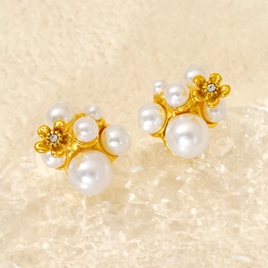 Elegant gold stainless steel pearl cluster earrings with zircon flower accents