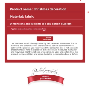 Detailed product specifications for fabric Christmas ornaments in a red background display