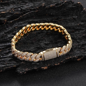 Men's 10mm gold double-row zircon iced out Cuban link bracelet on dark wood