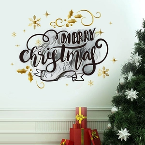 Détail des stickers muraux Joyeux Noël avec flocons dorés et scène de sapin décoré