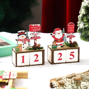 Christmas wooden countdown calendar with Santa and Snowman figures and pine cones