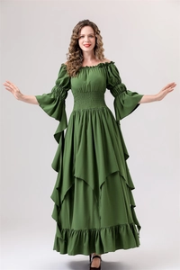 Detail of green Renaissance gown featuring a smocked bodice and layered flare sleeves