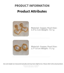 Detailed spec chart for pearl heart and oval earrings showing sizes 3.5cm and 2.7cm