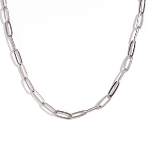 Minimalist silver stainless steel paperclip link chain necklace with polished metallic finish