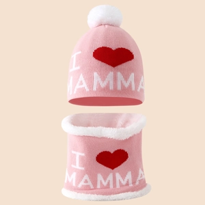 Pink winter knit hat and scarf set with I Love Mamma text and white faux fur lining