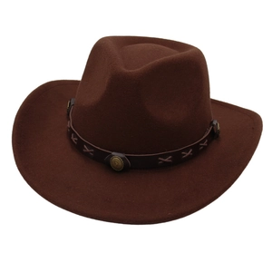 Dark brown wool felt cowboy hat with leather band and vintage metal buckles on white background