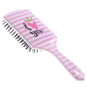 Pink and white striped hair cushion brush with a golden crown heart and I love you print