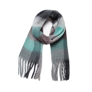 Thick plaid mohair-like scarf with chunky fringe in teal and grey boucle yarn gift