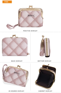 Internal accordion slots and pink checkered kiss-lock closure detail on coin purse