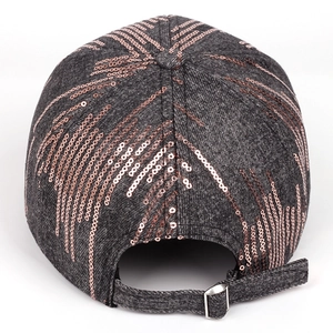 Grey sequined baseball cap with rose gold patterns and adjustable metal buckle back view