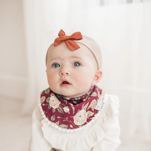 Brown bow headband and floral dark red bib for baby with lace trim and soft fabric