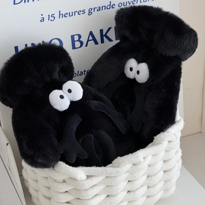 Funny black soot sprite plush gloves with warm lanyard for winter students in white basket