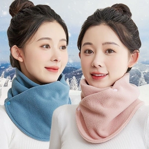 Winter thermal fleece neck warmer with snap buttons in blue and pink for outdoor use
