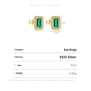 Detailed close-up of S925 silver emerald cut green earrings with white stones frame