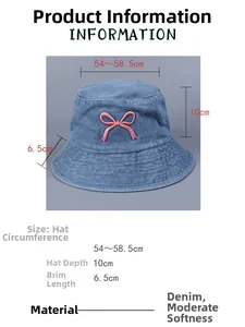 Größentabelle für blauen Denim-Anglerhut mit rosa Schleifenstickerei und Maßen
