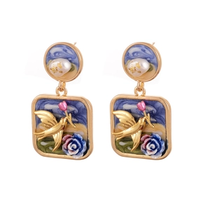 French baroque bird and blue rose earrings with pearls and gold accents in oil painting style