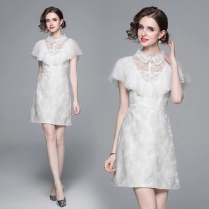 Robe Mini Style Français Femmes Jacquard Dentelle Mesh Patchwork Col Claudine Manches À Volants Noeud Élégant