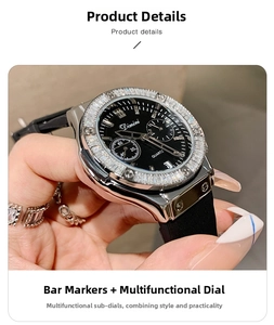 Macro view of silver steel bezel with crystals and black silicone strap on a luxury watch