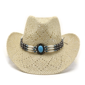 Western Cowboy Straw Hat Breathable Hollow Out Wide Brim Summer Sun Protection Beach Vacation Bohemian Ethnic Turquoise Bead