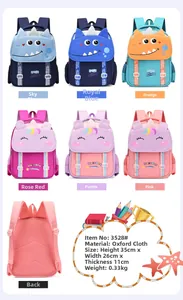 Detailed view of kids cartoon backpacks in Oxford cloth showing multiple colors and sizes