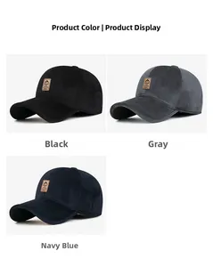 Detailed view of the peak sport leather patches on black, grey and navy blue winter caps