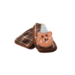 Brown plaid acrylic hair claw with cute needle felted bear and blue striped hat