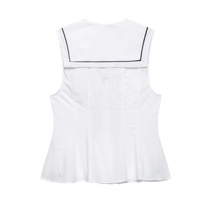 Summer sleeveless white sailor collar blouse with black trim and elegant bow detail
