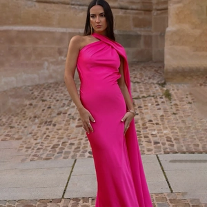 Elegant rose red one-shoulder silk maxi dress with long cape and slim fit silhouette