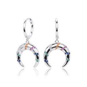 S925 Sterling silver crescent moon earrings with colorful rainbow cubic zirconia stones
