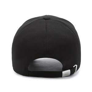 Rear view of a black cotton baseball cap featuring an adjustable silver metal buckle