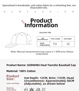 Size chart for GOD WINS baseball cap showing 58cm adjustable brim and cotton material details