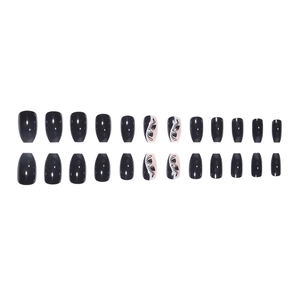 Lot de 24 faux ongles noirs brillants avec motifs floraux et accents de strass
