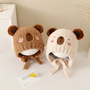 Baby Winter Warm Ear Protection Hat Cute Cartoon Bear Ears Teddy Fleece Plush Beanie For Toddlers Windproof