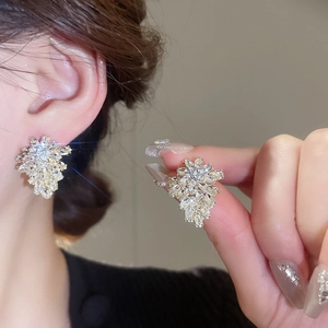 Close-up of sparkling leaf-shaped cluster earrings with rhinestones on a female model