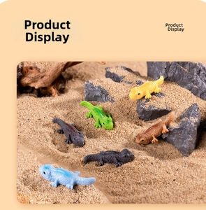 Detailed view of realistic lizard resin miniatures in various colors on sand and rocks