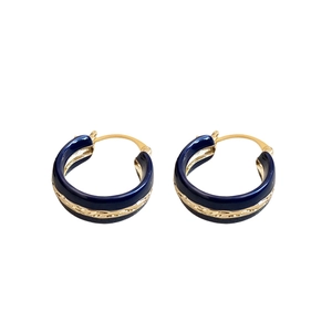 Retro round gold hoop earrings with deep blue drip oil finish for minimalist daily wear