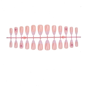 Pink French press-on nails set with 3D floral carving in medium almond shape