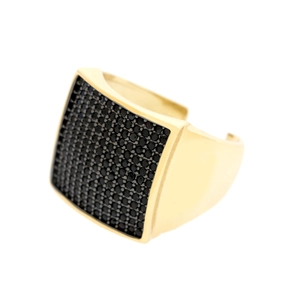 Detail view of gold square ring with micro-paved black stones and adjustable band