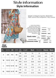 Tableau des tailles et détails du tissu pour cette robe de vacances imprimée en viscose