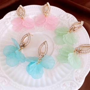 Elegant acrylic flower drop earrings with zircon knot studs in pink, green, and blue