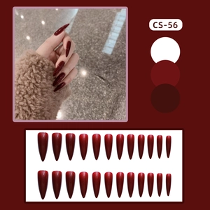 Glossy burgundy stiletto fake nails set CS-56 with long pointed tips for manicure