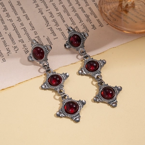 Vintage boho geometric drop earrings with crimson resin stones and aged silver finish
