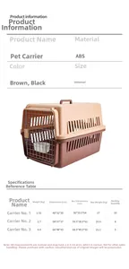 Size specification table for ABS pet carrier crates in small, medium and large sizes
