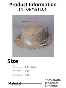 Lafia straw boater hat with grey ribbon detail, showing 6cm brim and 9cm depth dimensions