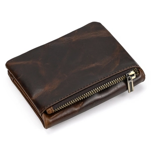 Classic vintage dark brown genuine leather bi-fold wallet with side metal zipper pocket