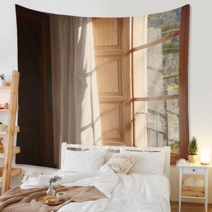 Detail of bohemian tapestry showing sunlit window and white curtain on polyester fabric