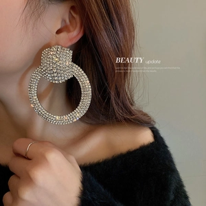 Chic silver needle exaggerated large hoop earrings with full rhinestones for women