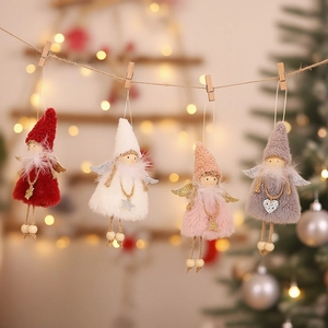 Set of four plush Christmas angel dolls with glitter wings hanging on a rope for decor
