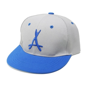 Close-up of contrast grey and blue baseball cap with 3D embroidered A logo and flat brim