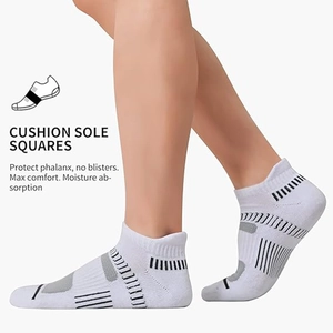 Detail of white athletic ankle socks showing cushion sole for blister protection and comfort